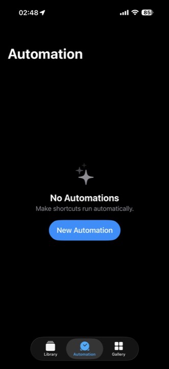 Shortcuts Automation screen with New Automation button.