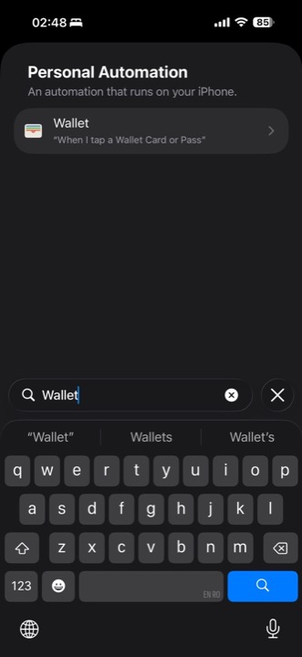 Shortcuts Personal Automation search showing Wallet as a trigger.