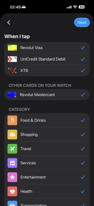 Wallet trigger screen with multiple Apple Pay cards selected.