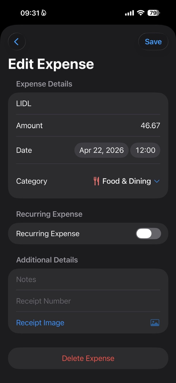Edit Expense screen with Recurring Expense toggle.