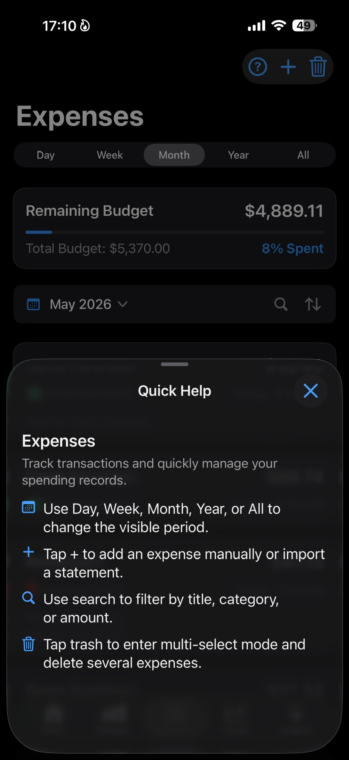 SmartBudget help screen.